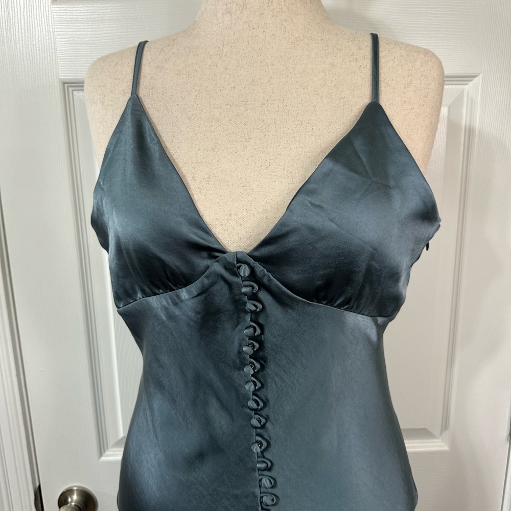 Dress Forum Gray Blue Satin Maxi Dress Silk spaghetti straps zip up faux button - Picture 2 of 16